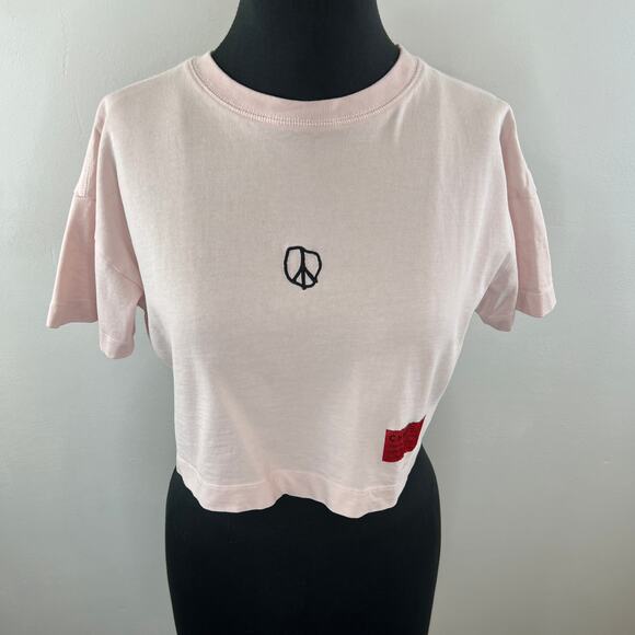 CHNGE Pink PEACE XS Crop Top Cotton Embroidered Round Neck Short Sleeve Pullover - Picture 3 of 9